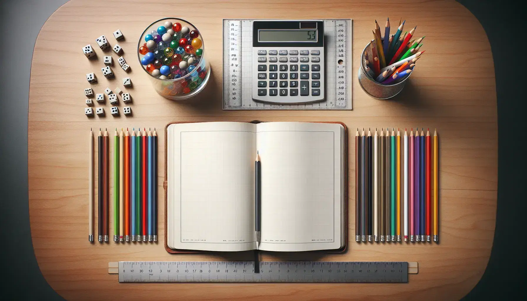 Wooden desk with open notebook, colored pencils, simple calculator, beaker with multicolored marbles, steel ruler and white dice.