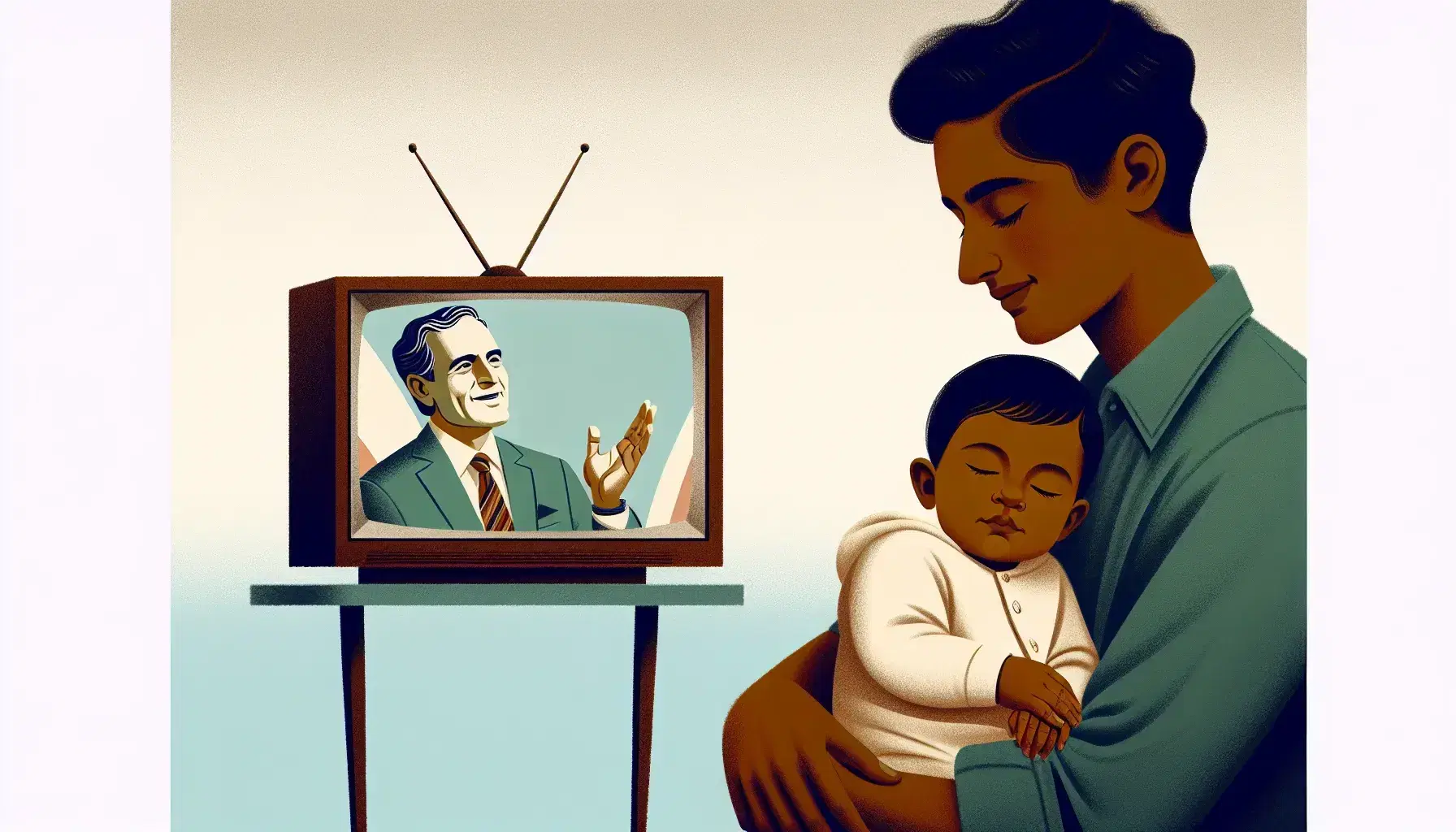 South Asian adult gently rocks a sleeping Middle Eastern infant while a Caucasian news anchor smiles from a TV in a pastel-toned room.