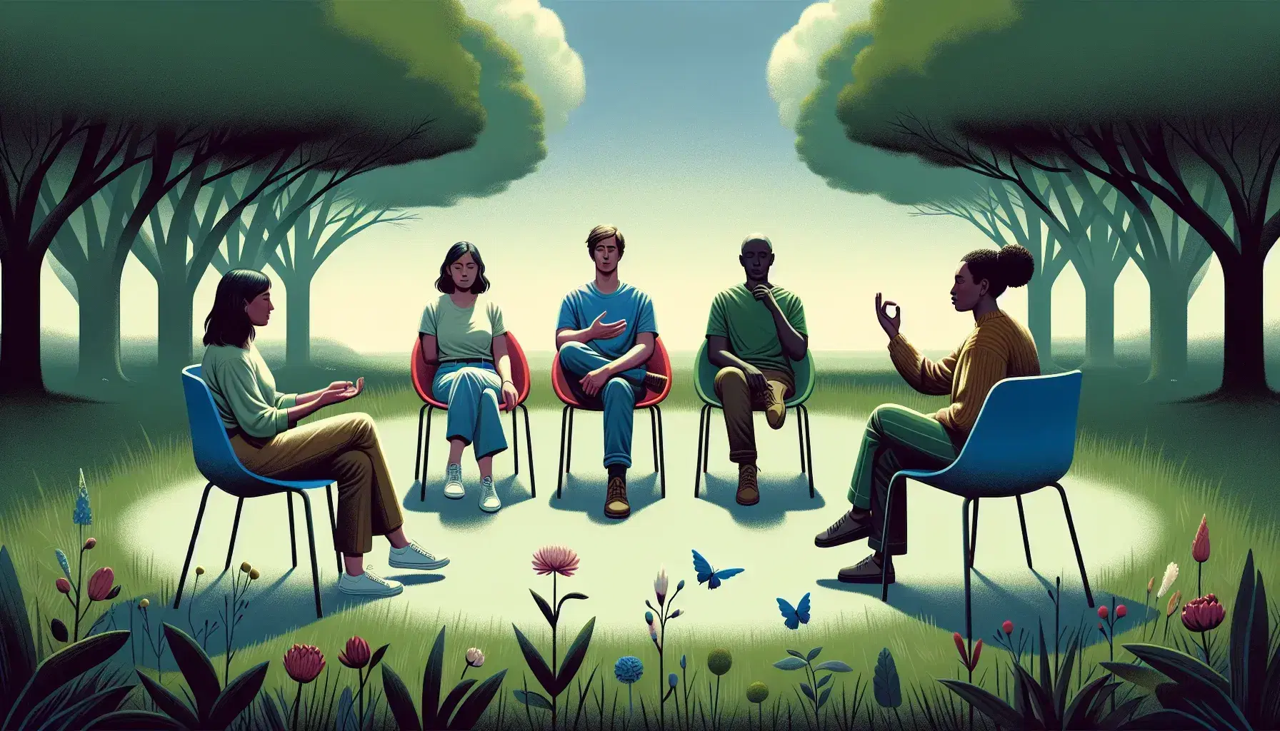 Grupo diverso de cinco personas sentadas en círculo en sillas de colores en un parque, con gestos variados y expresiones de concentración y diálogo.