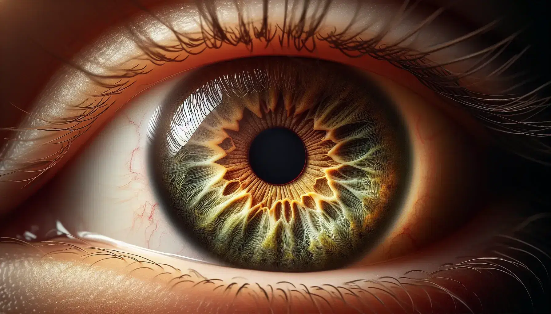Primer plano detallado de ojo humano con iris de tonos marrón dorado a verde oliva, pupila negra, pestañas negras y reflejo de luz.