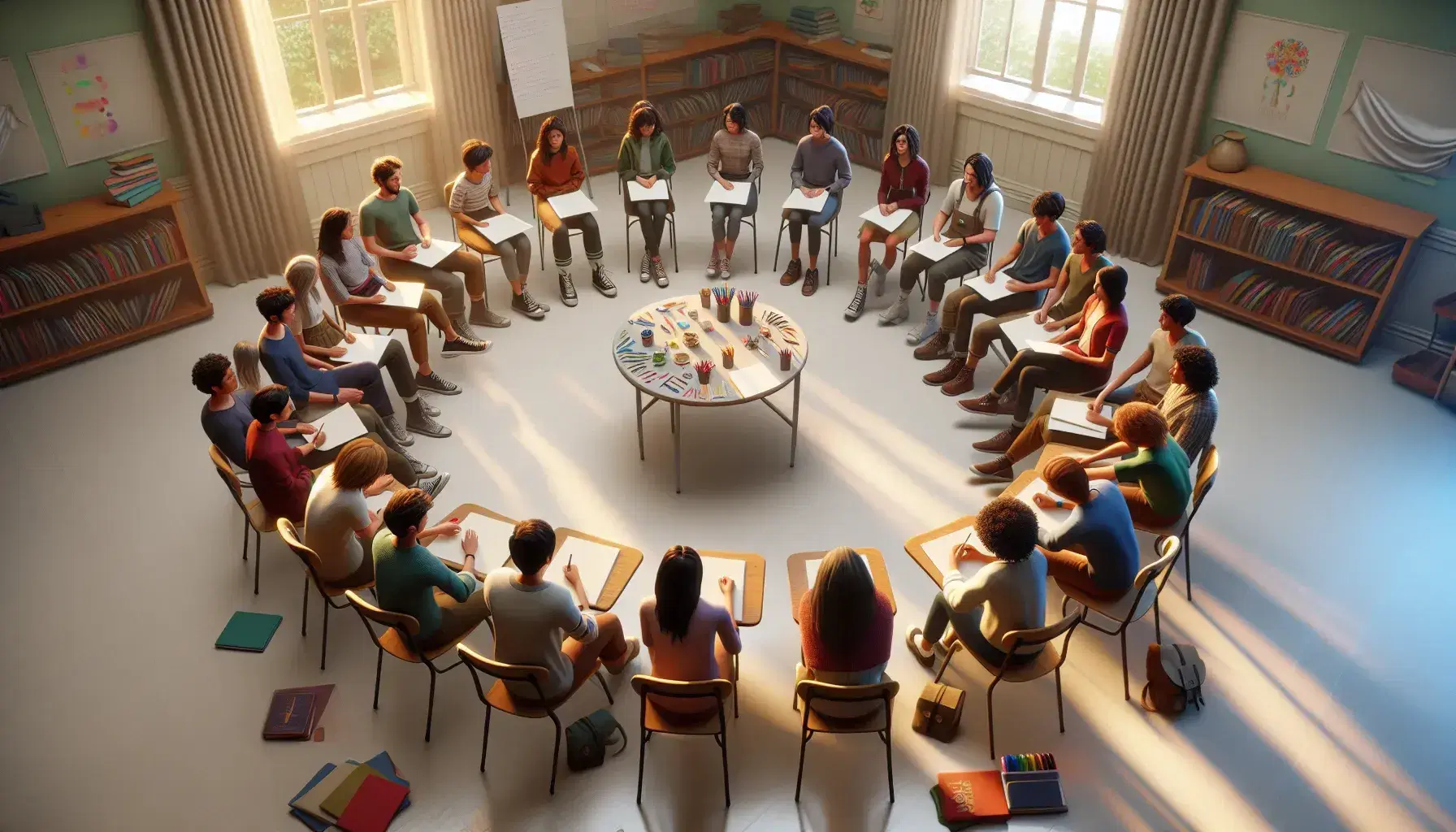 Grupo diverso de estudiantes colaborando en un aula iluminada con materiales de arte en la mesa, rodeados de ventanas con vistas a árboles.