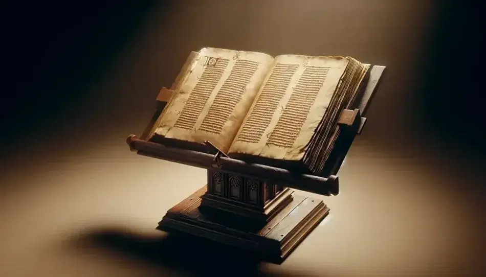 Manoscritto anglosassone antico su leggio in legno scuro, pagine avorio con linee scure e macchie giallastre, atmosfera calda e dettagli in evidenza.