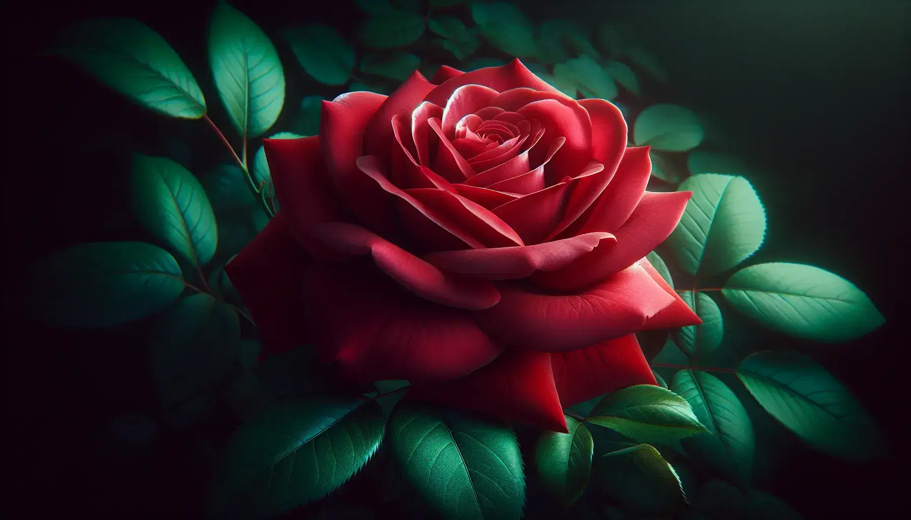 Vibrant red rose in full bloom with gradient petals against a blurred green foliage background, highlighting the flower's delicate texture.