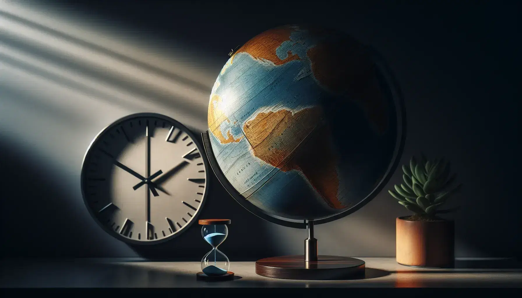 Mappamondo illuminato dal sole su supporto in legno scuro con linea crepuscolare visibile, orologio minimalista sullo sfondo, pianta verde e clessidra antica.