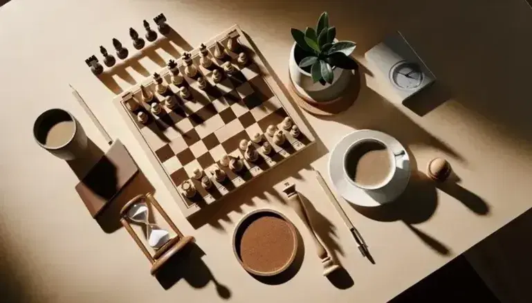 Escritorio de madera claro con ajedrez en juego, reloj de arena marcando tiempo, planta verde en maceta blanca y taza de café sobre posavasos de corcho.