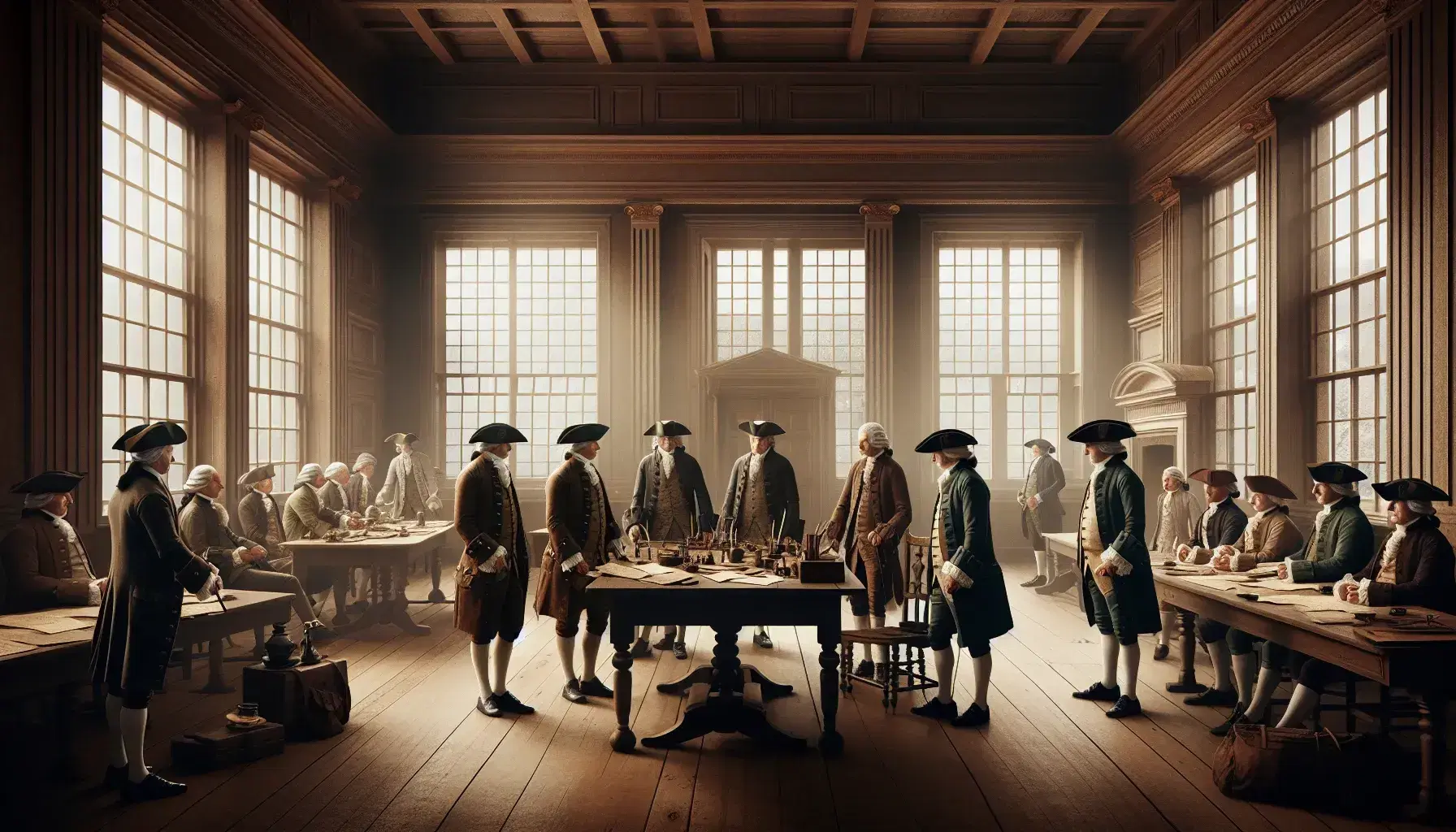 Late 18th-century colonial men in frock coats and tricorn hats engaged in discussion around a table with quill pens and papers in a high-ceilinged room.