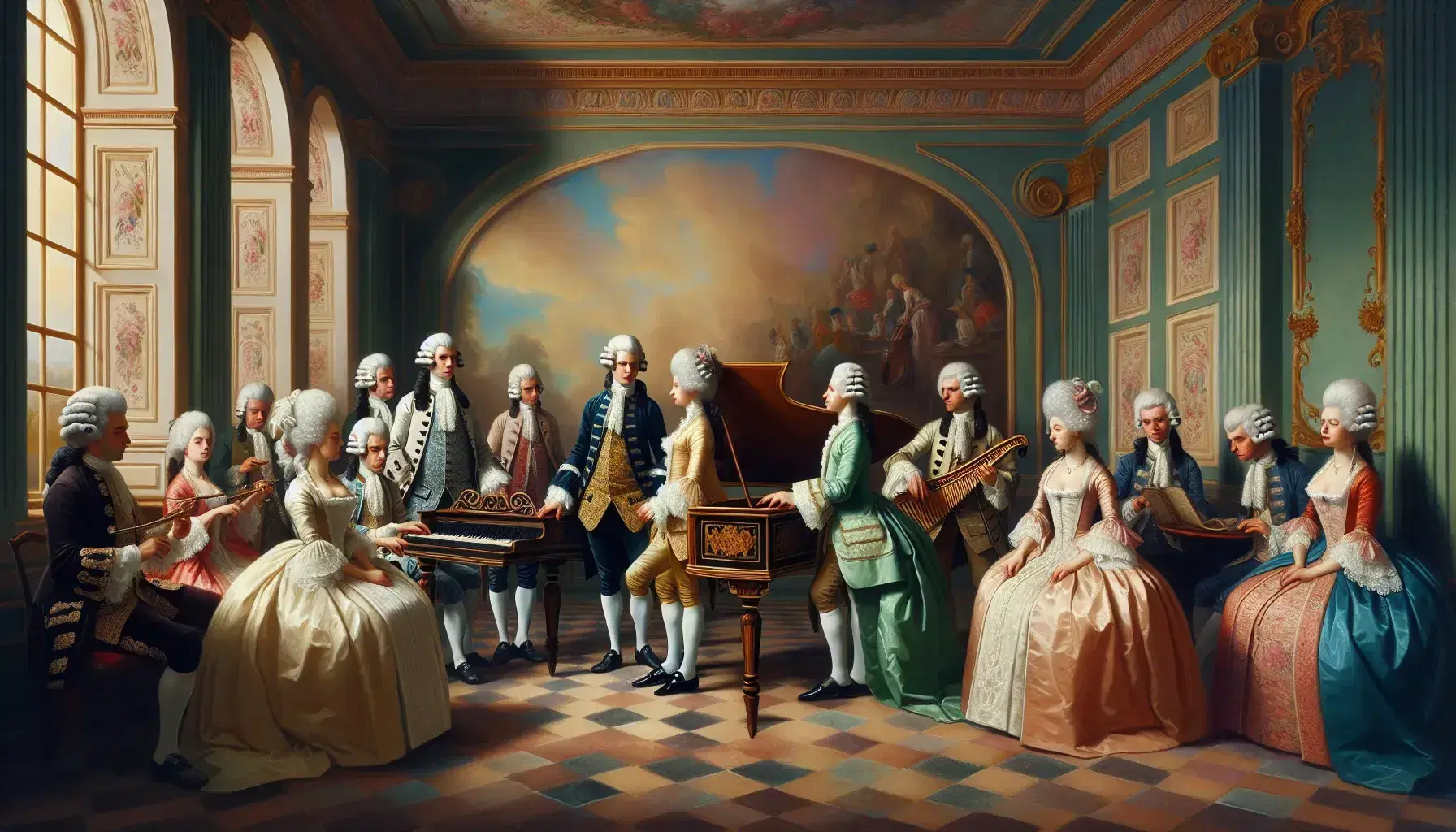 Riunione aristocratica nel salotto settecentesco con uomini in parrucche e abiti d'epoca e donne in vesti ampie, musicista al clavicembalo e conversazione attorno a tavolo da tè.