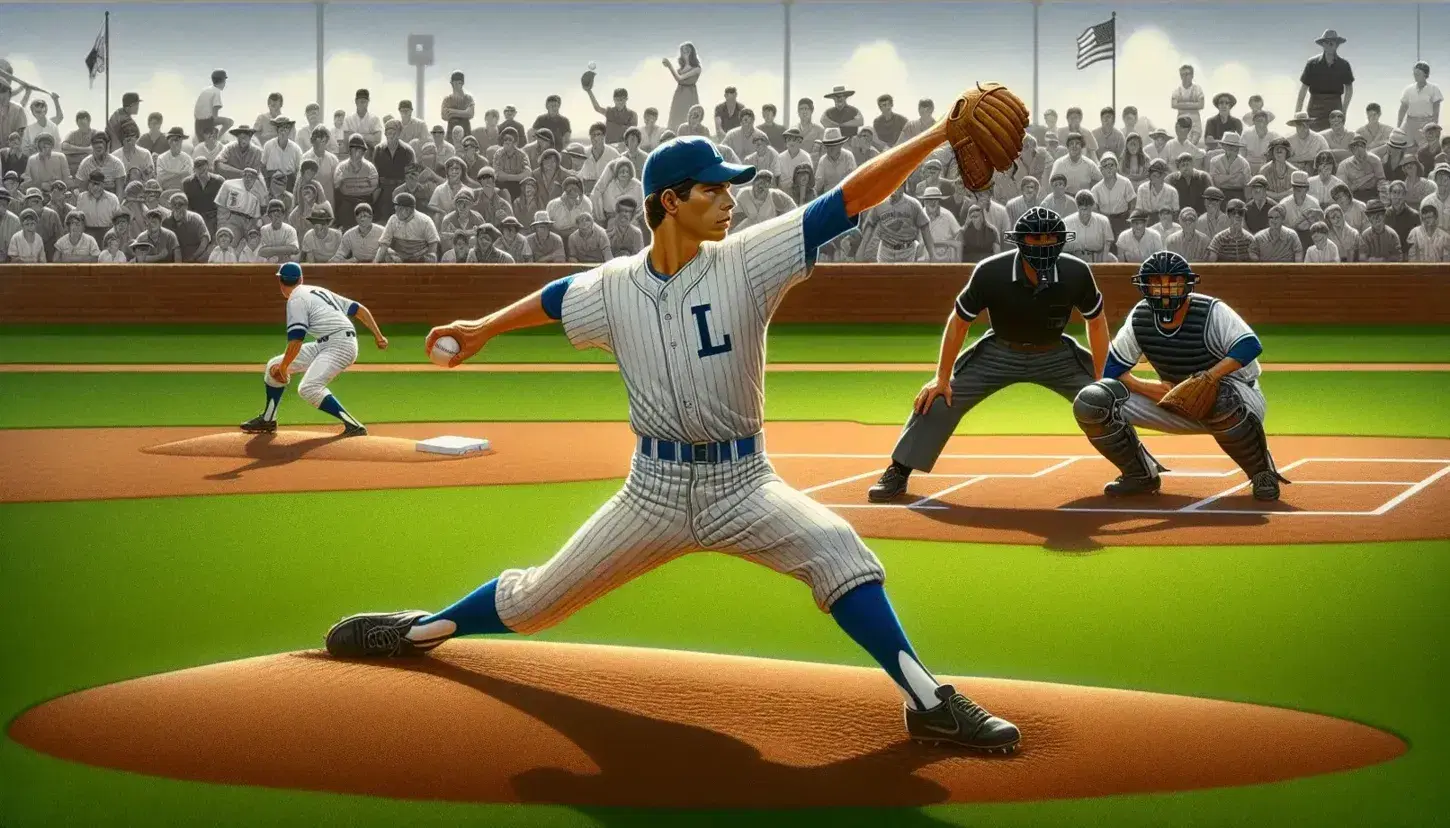 Lanciatore di baseball in divisa a righe blu e bianche si prepara a lanciare la palla, ricevitore e arbitro sullo sfondo, campo illuminato dal sole.