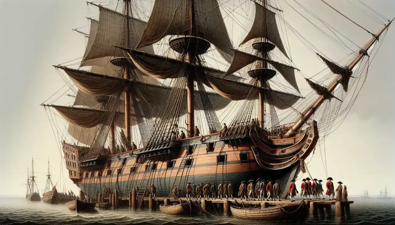 Three-masted barque with furled sails in a harbor, convicts led aboard by red-coated guards, busy dockside with crates, barrels, and coastal town backdrop.
