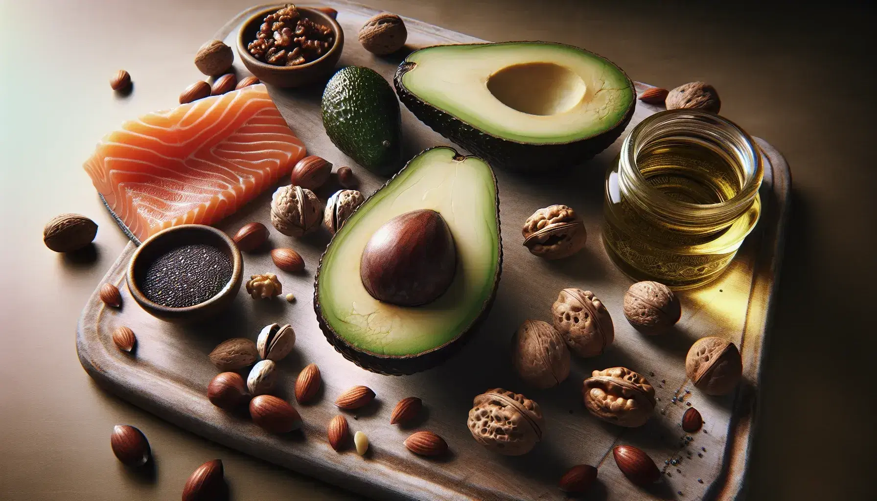 Variedad de alimentos saludables con aguacate partido, nueces, salmón fresco, semillas de chía y aceite en frasco sobre superficie de madera clara.
