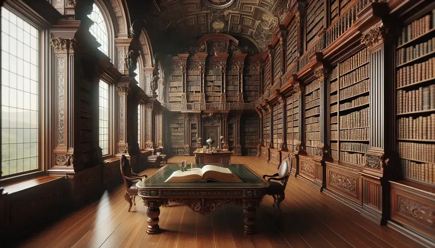18th-century grand library with tall dark wooden bookshelves, leather-bound books, ornate plaster ceiling, and a large polished table under arched windows.