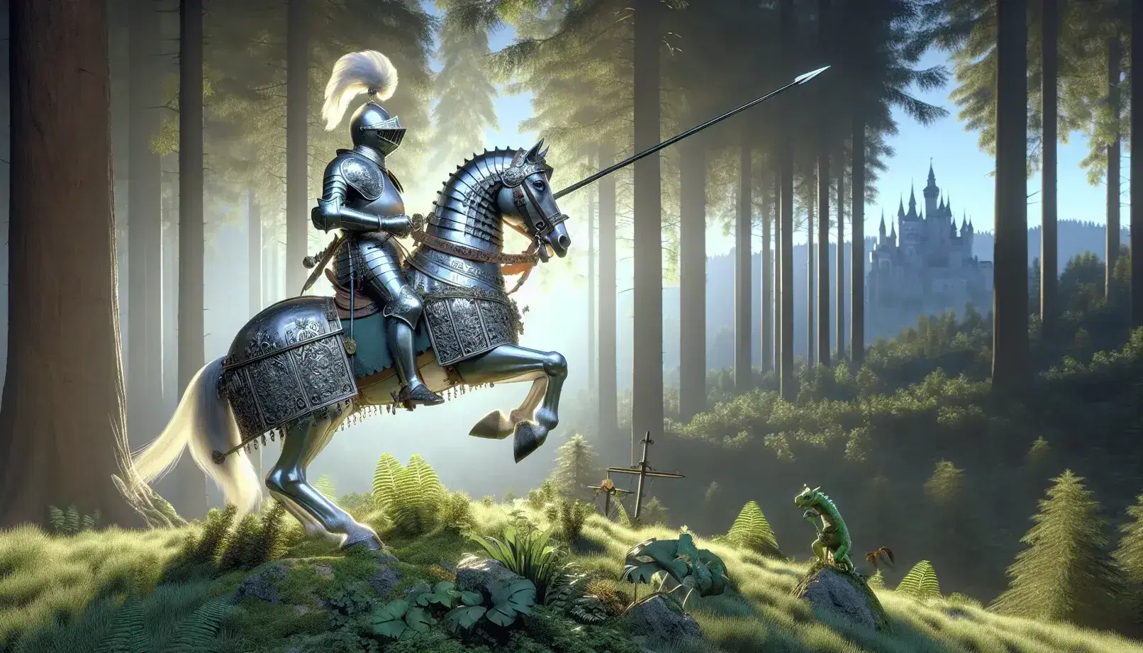 Cavaliere del XVI secolo in armatura completa su cavallo bianco impennato, con lancia e visiera alzata, sfondo forestale e castello medievale, piccolo drago verde osserva.
