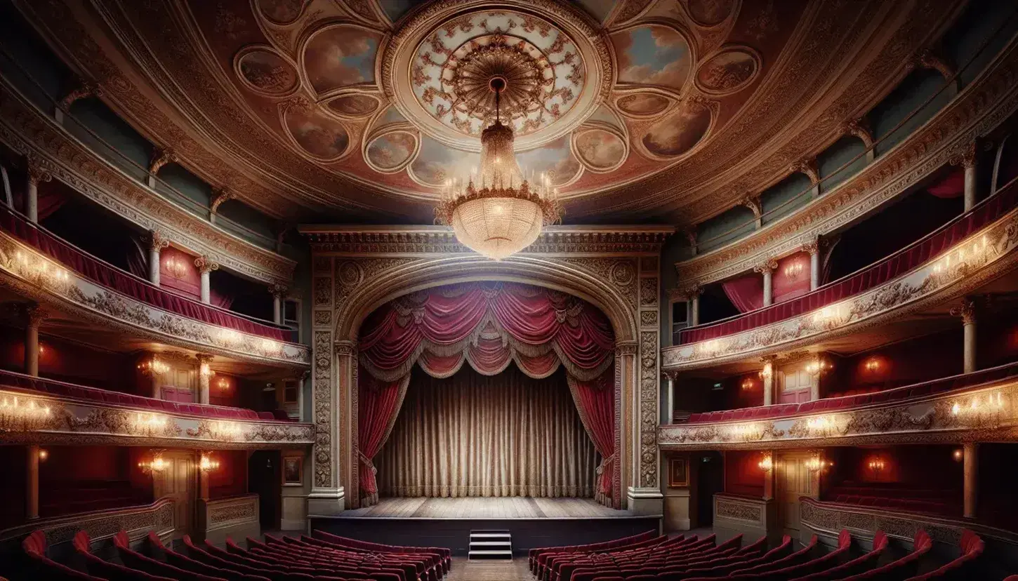 Georgian-era theater interior with red velvet curtains, gold leaf proscenium arch, crystal chandelier, and tiered velvet seating, reflecting 18th-century grandeur.