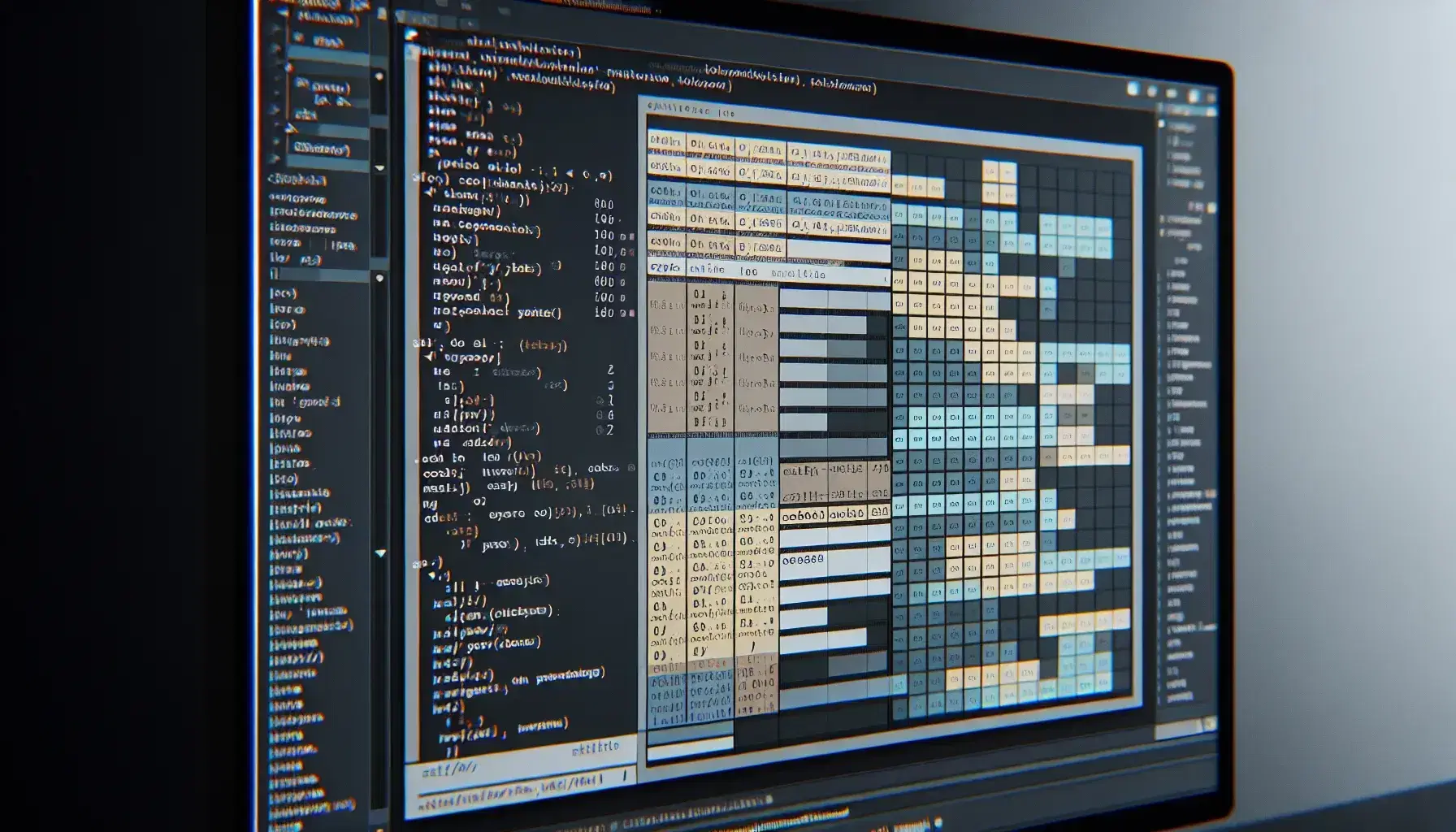 Close-up of a monitor with software development environment, code on dark background and colorful variables panel for debugging.