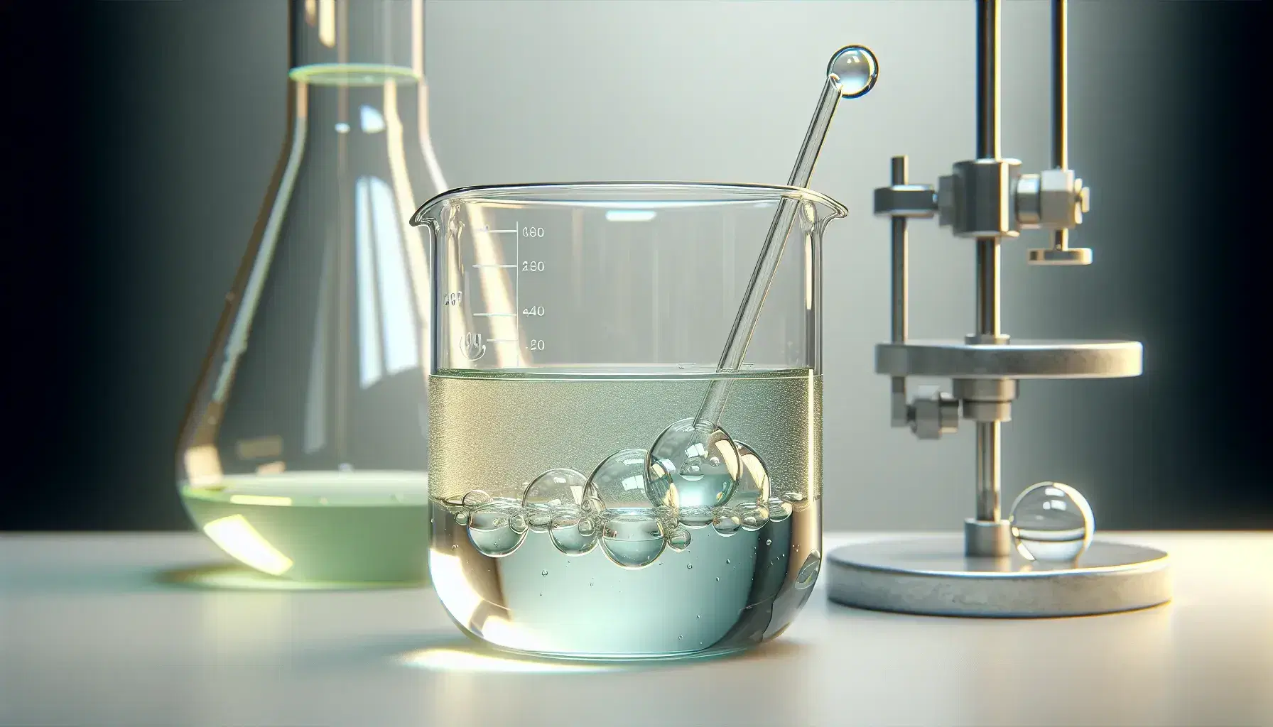 Glass beaker with immiscible layered liquids in laboratory, glass rod and frame with flask connected by tube.