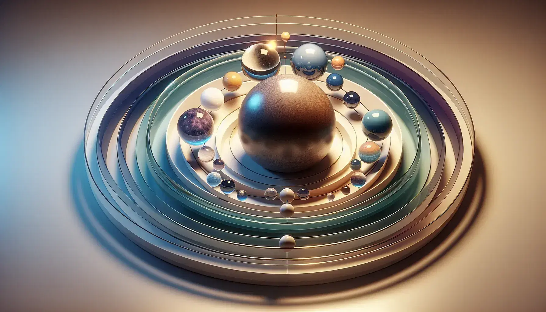 Modello tridimensionale del sistema geocentrico di Aristotele con sfere concentriche trasparenti colorate attorno alla Terra marrone.