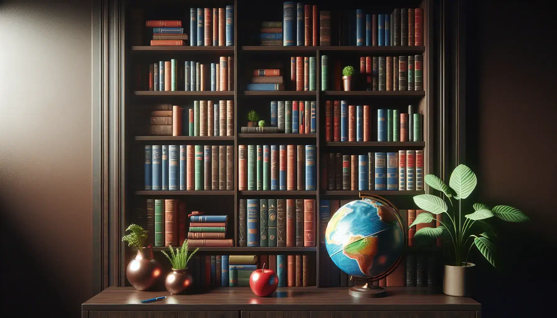 Libreria in legno scuro piena di libri colorati, mappamondo su piedistallo e mela rossa accanto, pianta in vaso su ripiano superiore.