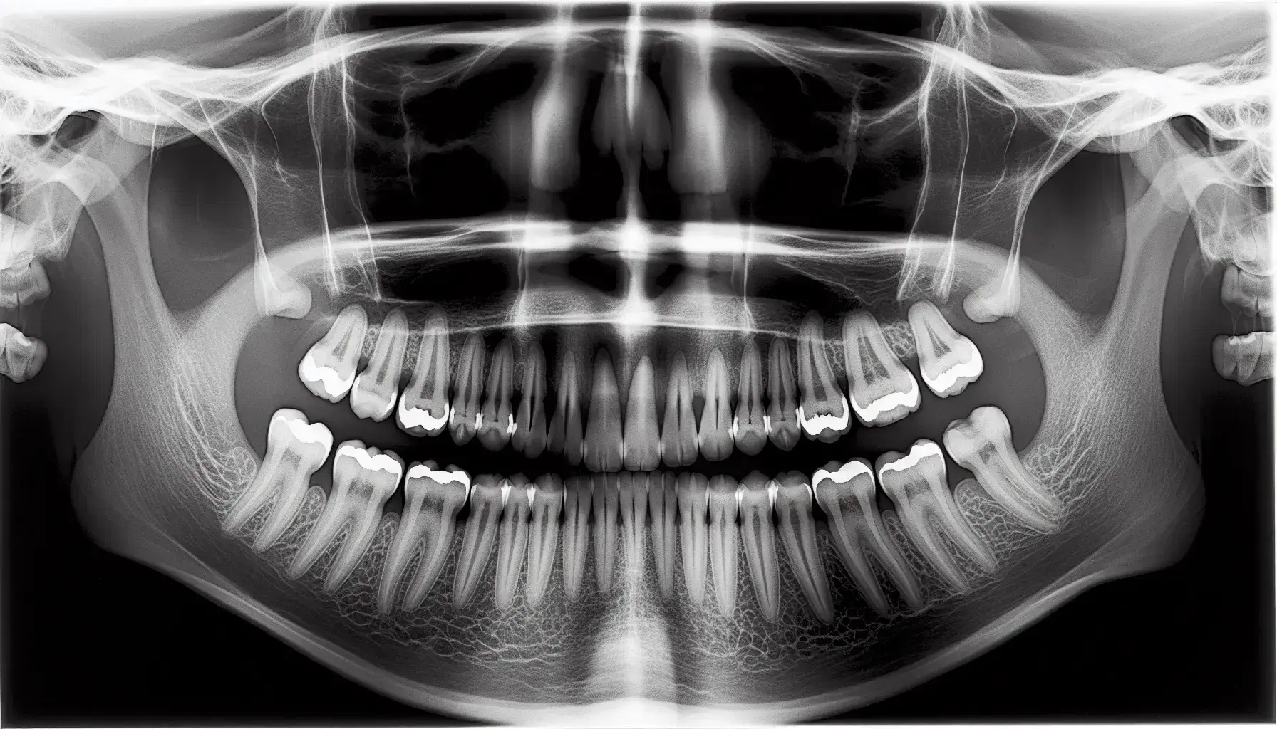 Radiografía panorámica dental mostrando estructuras óseas maxilares, dientes alineados y un diente canino impactado sin señales de muelas del juicio.