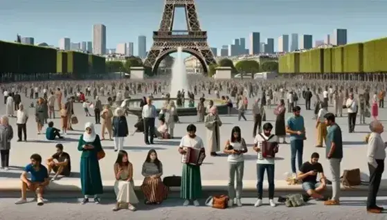 Diverse crowd enjoying a sunny day in a Parisian square with the Eiffel Tower in the background, including a South Asian woman photographing and an accordion player.