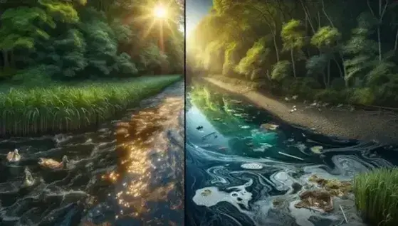 Fiume che passa da acque limpide e vegetazione rigogliosa a zona inquinata con detriti, schiuma e piante appassite.