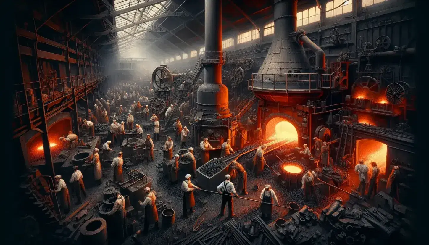 Fucina industriale del XIX secolo in funzione con operai in abiti d'epoca che lavorano intorno a un altoforno illuminato da luci arancioni e rosse.