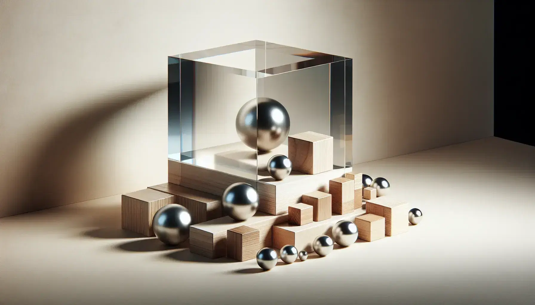 Transparent glass cube with soft shadow, wooden block pyramid, reflective silver spheres in triangular layout, and ascending matte black cylindrical rods on a light background.