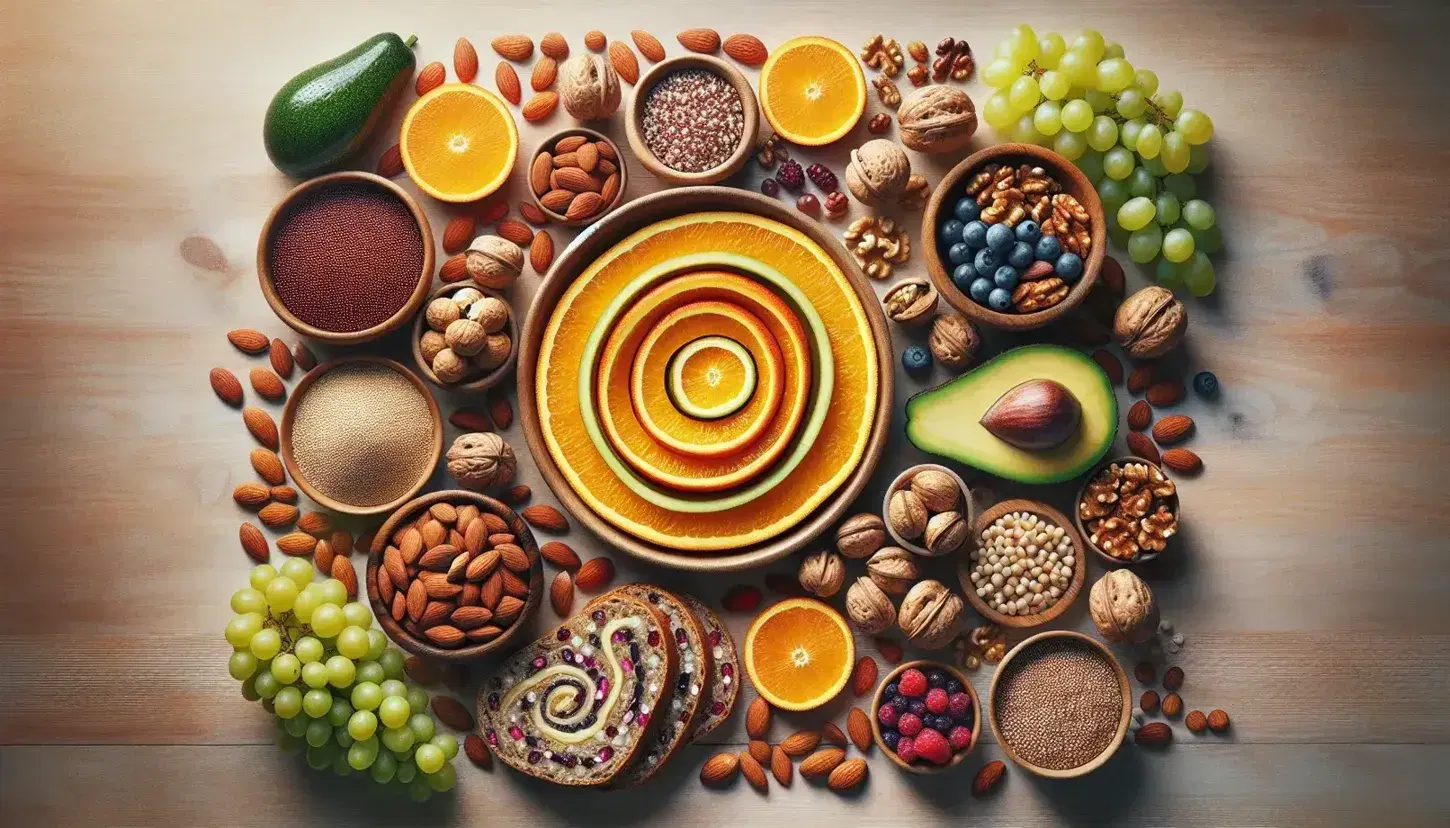 Variedad de alimentos saludables con naranjas en espiral, frutos secos, quinoa, uvas frescas, pan integral, aguacate y bayas sobre fondo de madera claro.