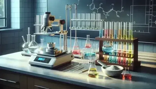Laboratorio chimico moderno con bilancia analitica, mortaio, becher colorati e provette in rack di legno su banco chiaro.