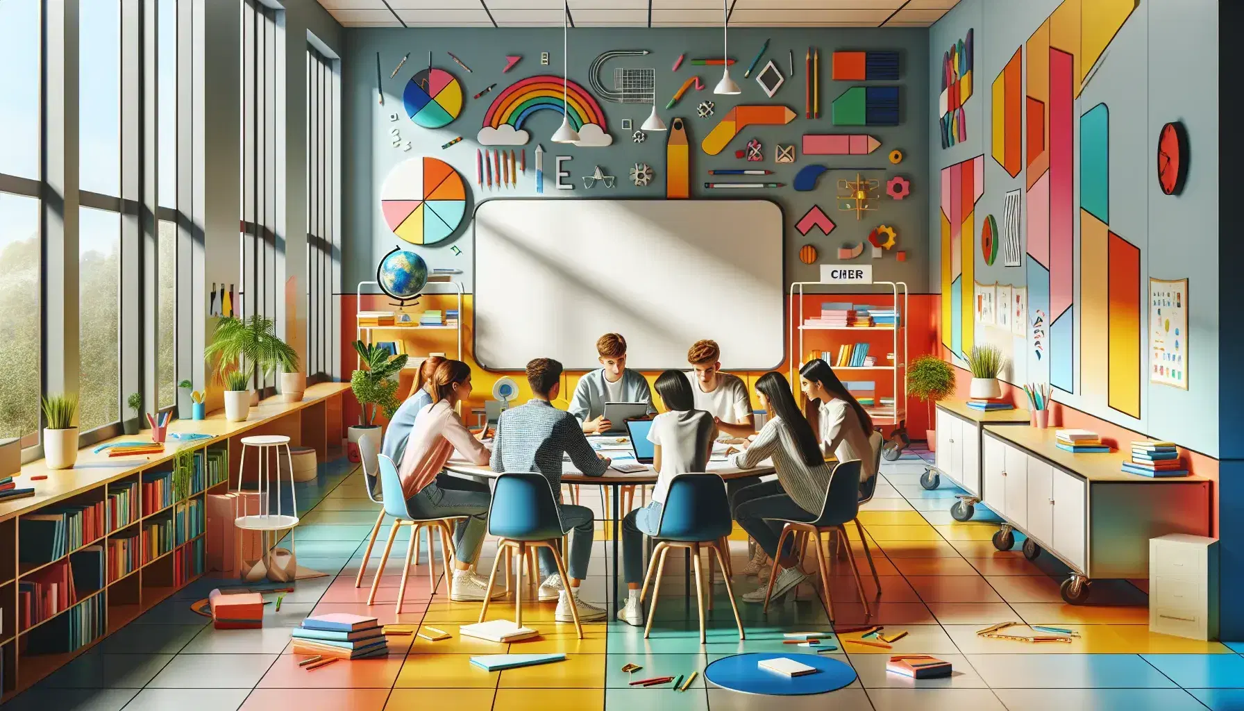 Aula colorata con cinque studenti intorno a un tavolo rotondo usando tablet e laptop, pareti decorate e luce naturale.