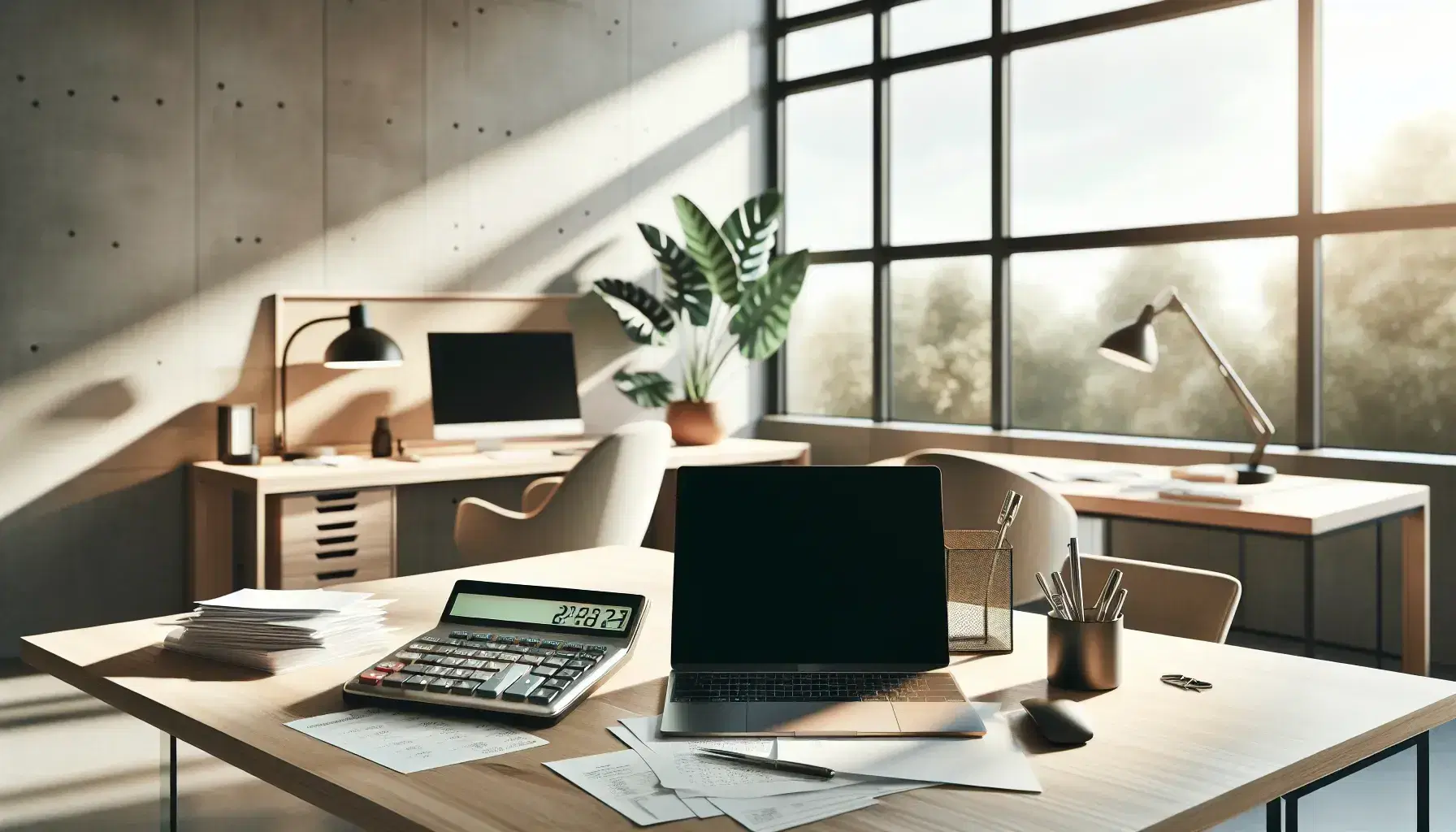 Oficina moderna con escritorio de madera, calculadora gris, papeles apilados, laptop abierto y teléfono fijo, junto a planta interior y luz natural.