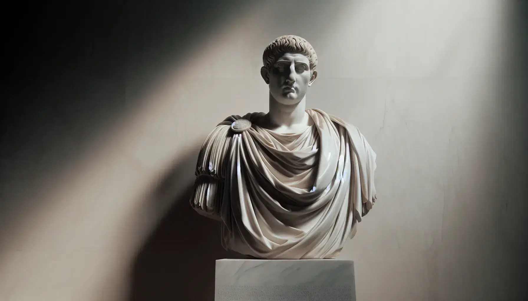 Statua in marmo bianco di imperatore romano con toga drappeggiata, spalla destra scoperta, capelli corti definiti e viso sereno.