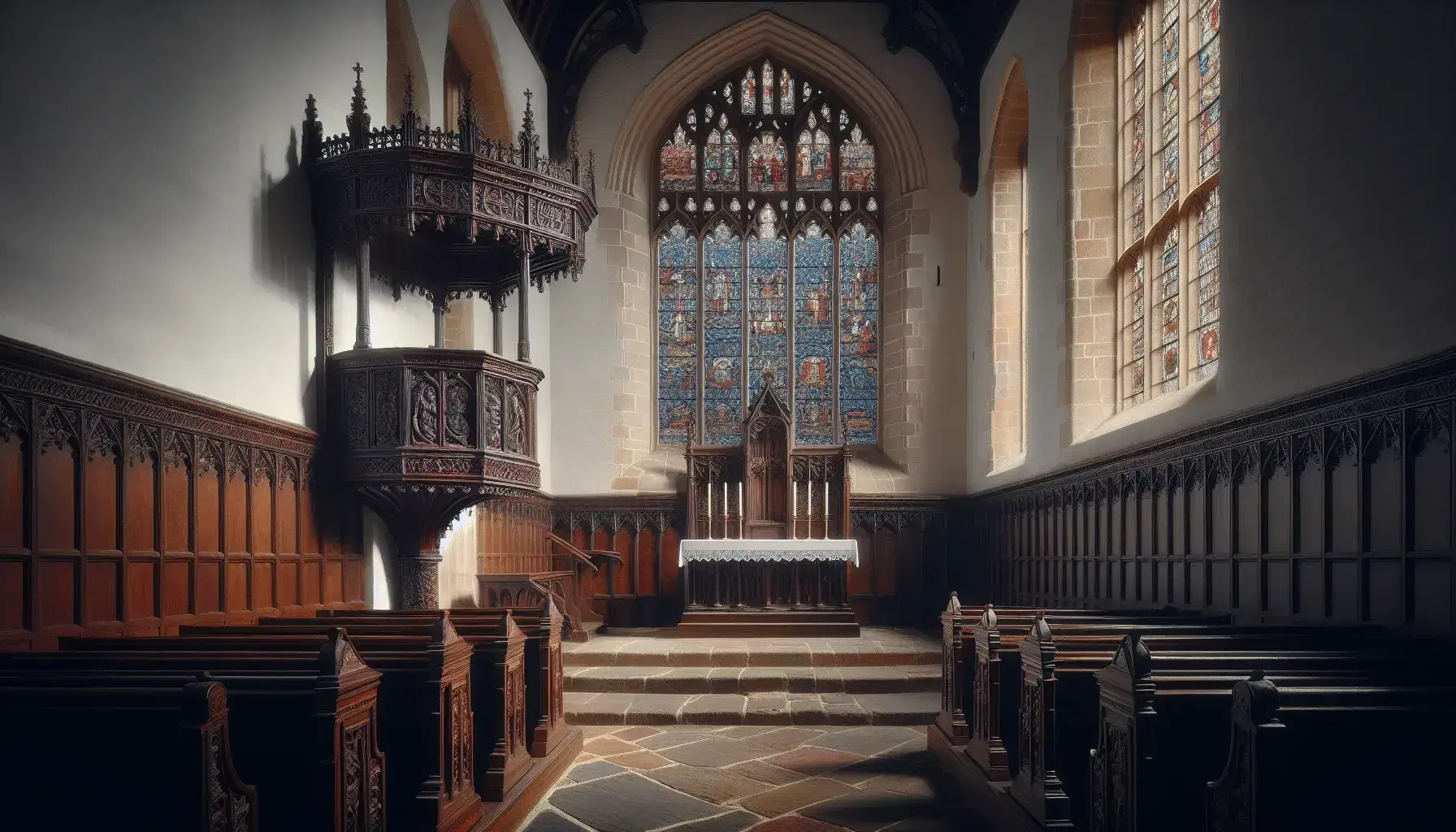 Elizabethan-era church interior with a carved wooden pulpit, stone walls, stained glass window casting colorful light on pews, and a simple altar with candles.