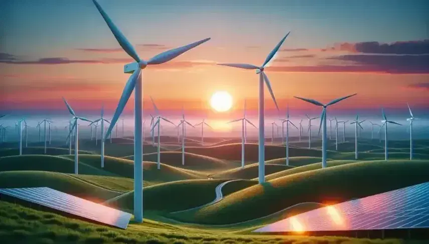 Modern wind farm at sunset with white turbines on green hills and reflective solar panels, orange and pink gradient sky.