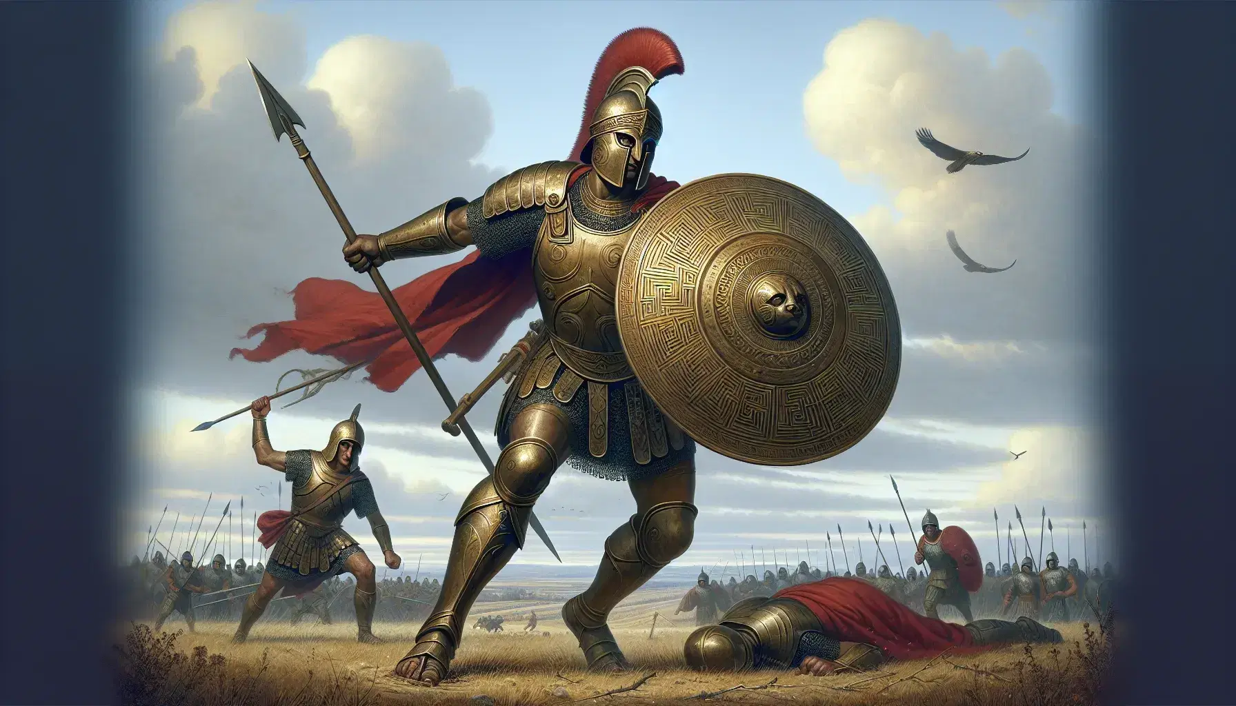 Guerrero con armadura de bronce y capa roja avanza con lanza y escudo en batalla épica bajo cielo azul con ave rapaz volando.