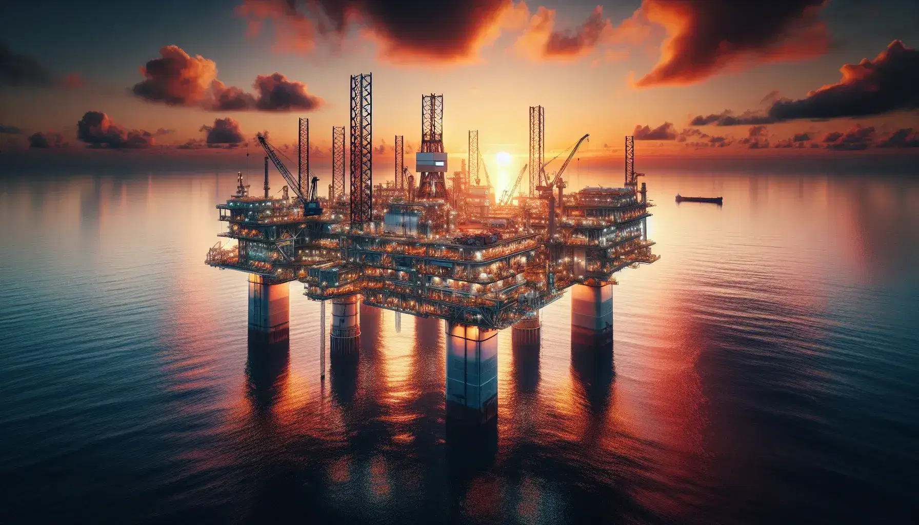 Piattaforma petrolifera offshore al tramonto con cielo arancione e rosa, pilastri immersi in acque calme e silhouette di una petroliera in lontananza.