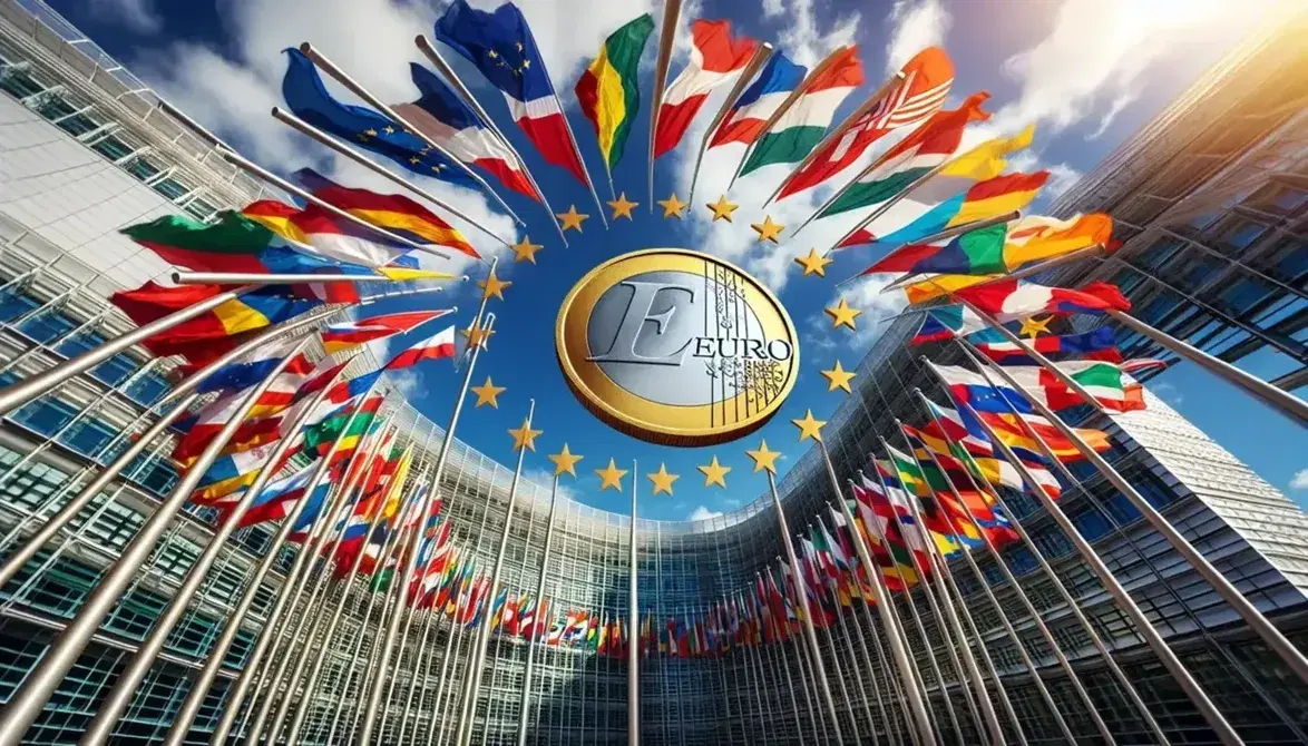 Cerchio di bandiere nazionali dell'Unione Europea al vento attorno a una moneta Euro al centro, con edificio moderno riflesso sullo sfondo.
