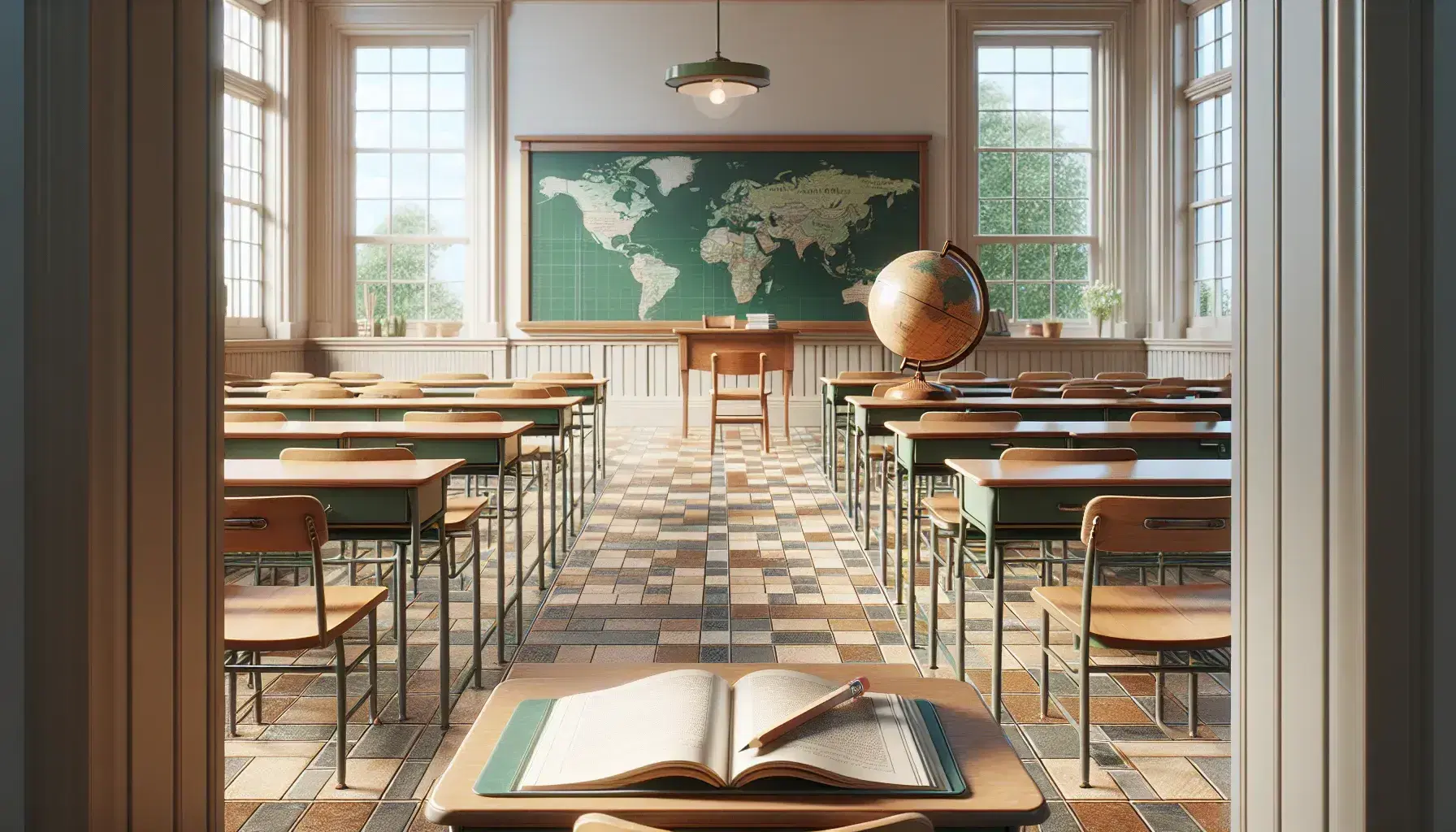 Aula escolar clásica con pupitres de madera, pizarra verde sin escritura y globo terráqueo, iluminada por ventana con vista a un árbol y cielo azul.