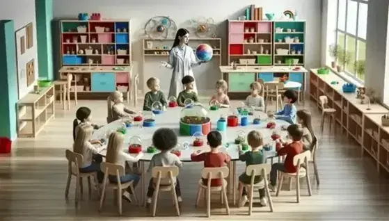 Niños de diversas etnias aprendiendo en aula luminosa con mesas redondas, materiales educativos y maestra mostrando modelo esférico.