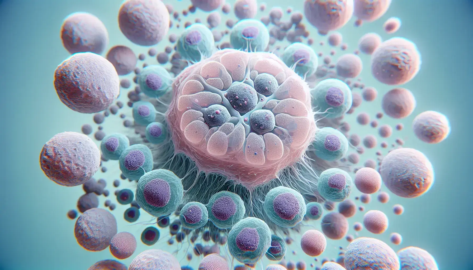 Vista microscópica de células humanas con una célula grande central de color rosa pálido y proyecciones, rodeada de células esféricas azules con núcleos oscuros.