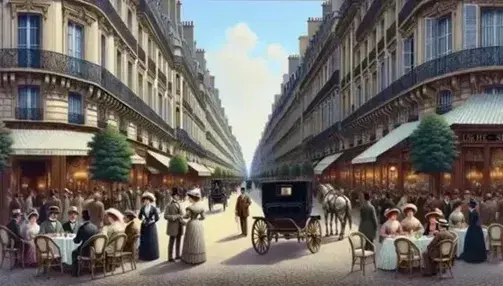 Boulevard parigino in Belle Époque con eleganti edifici, persone in abiti d'epoca, caffè all'aperto, auto d'epoca e carrozza.