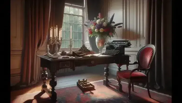 Escritorio de madera oscura con patas talladas y máquina de escribir antigua, candelabro de plata y jarrón con flores frescas, en habitación iluminada con ventana y cortinas rojas.