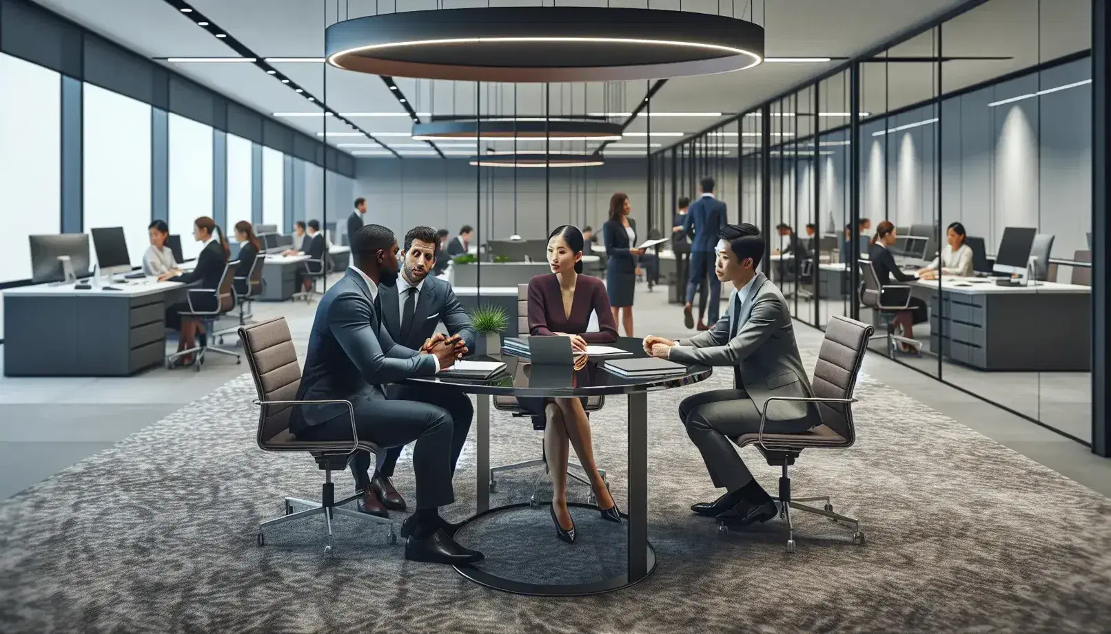 Diverse team of professionals engaged in a meeting around a glass table in a modern office setting with coworkers at workstations in the background.
