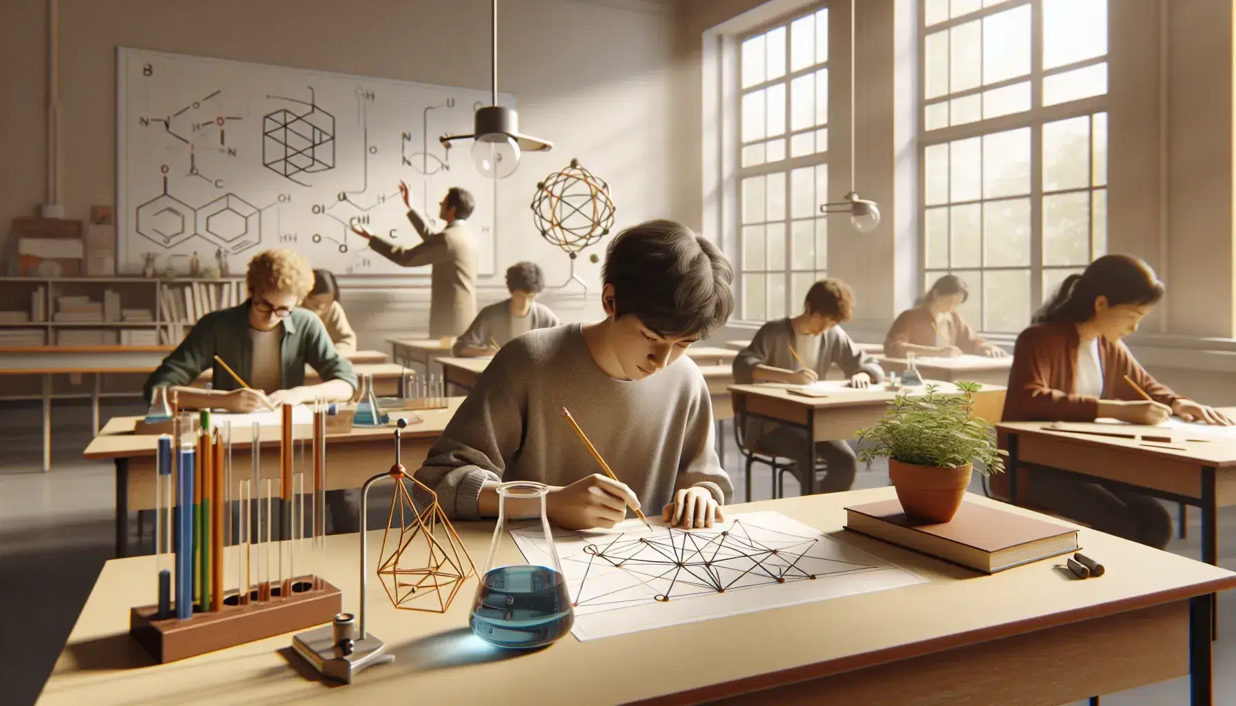 Diverse students engage in learning with one sketching geometry, another studying a molecule model, and a teacher explaining, in a sunlit classroom.