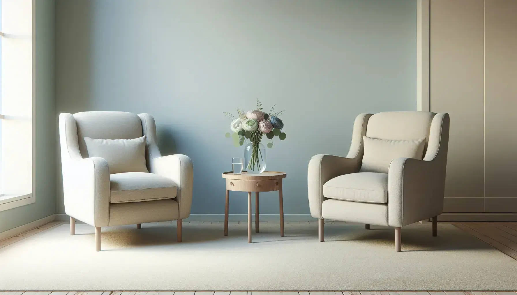 Cozy therapeutic office with front beige armchairs, round coffee table, vase of pastel flowers, light blue wall, green plant and natural light.