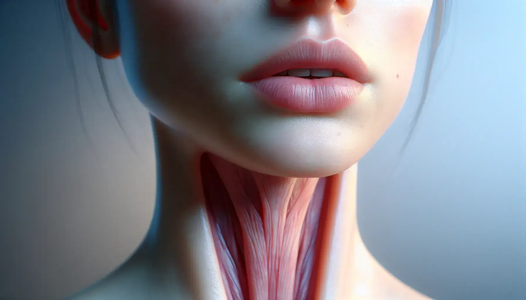 Close-up view of a person's lower face, highlighting a slightly parted mouth with pink lips, a defined chin, and a visible throat during speech, against a soft blue-gray background.