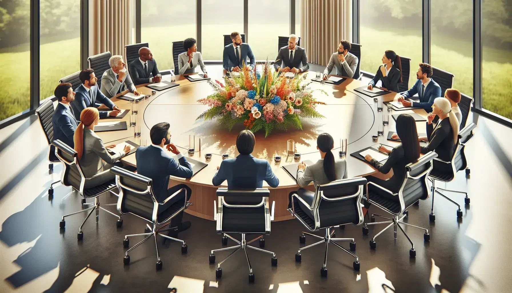 Diverse group of professionals in business casual attire engaged in a meeting around a wooden conference table with a floral centerpiece.