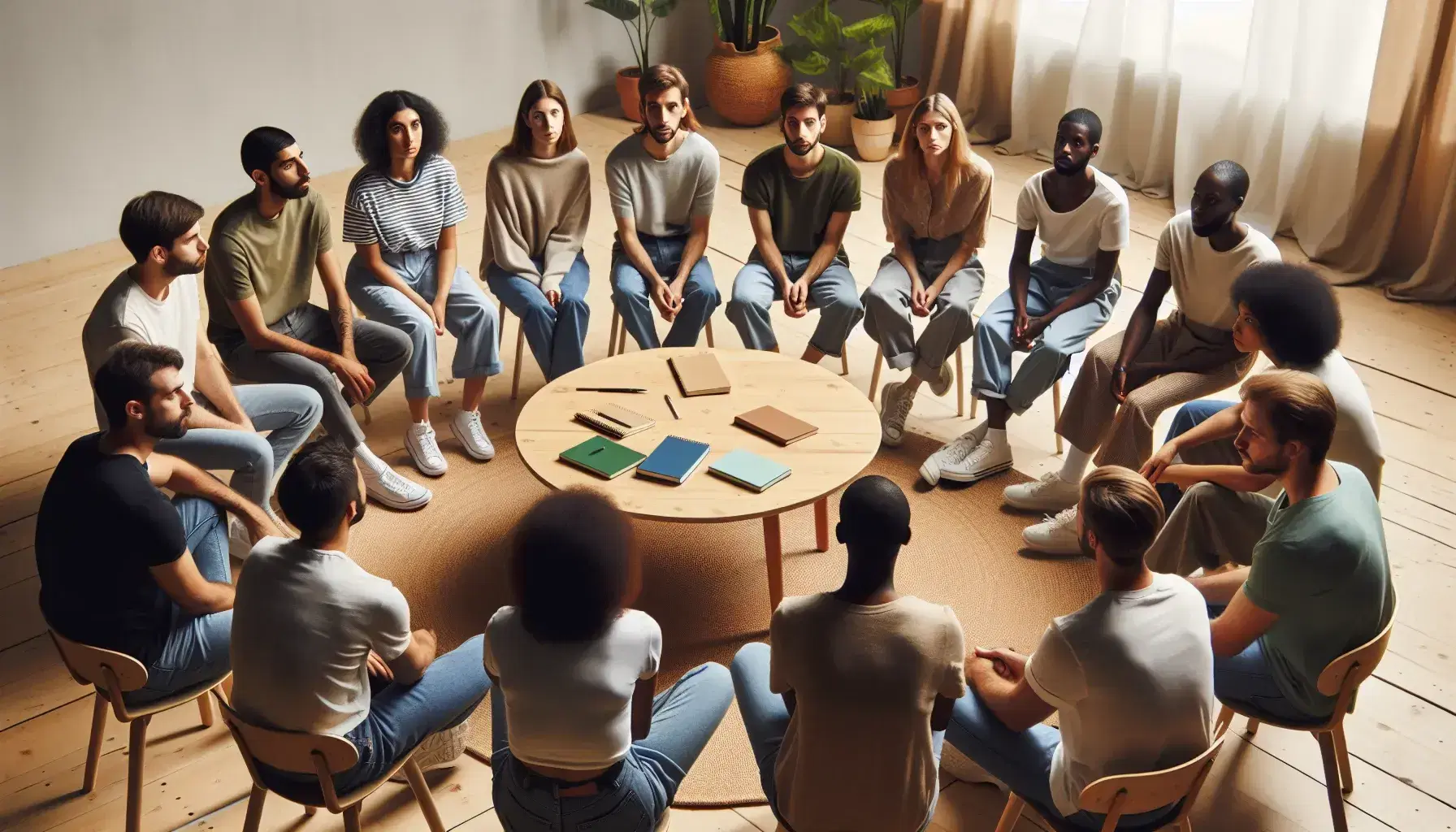 Grupo diverso de personas sentadas en círculo en una sala con paredes claras, participando en una reunión seria con cuadernos sobre una mesa redonda central.