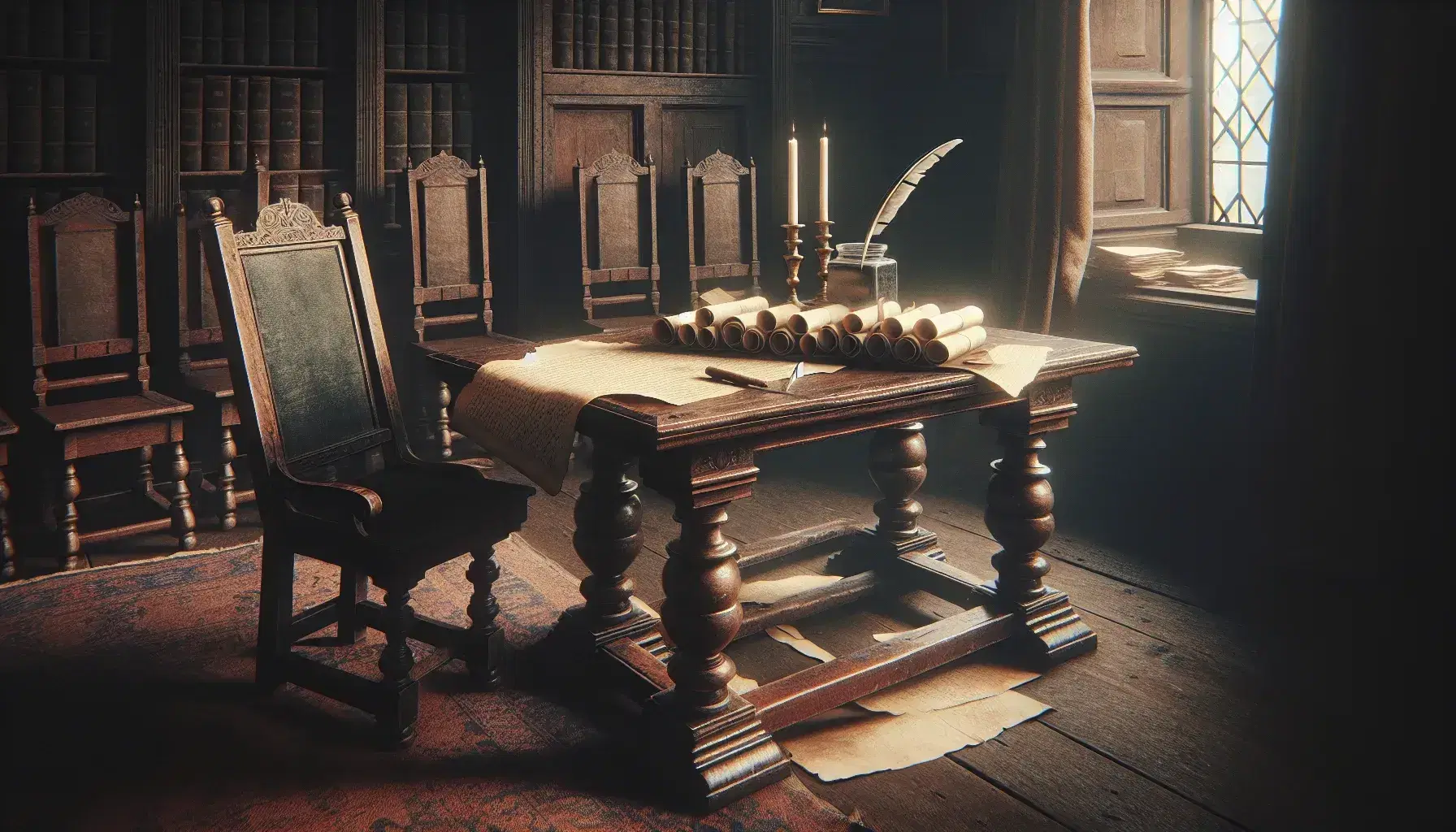 Late 18th-century room with a mahogany table, scattered parchment papers, a quill in an inkwell, a lit candle, and high-backed chairs against stone walls.