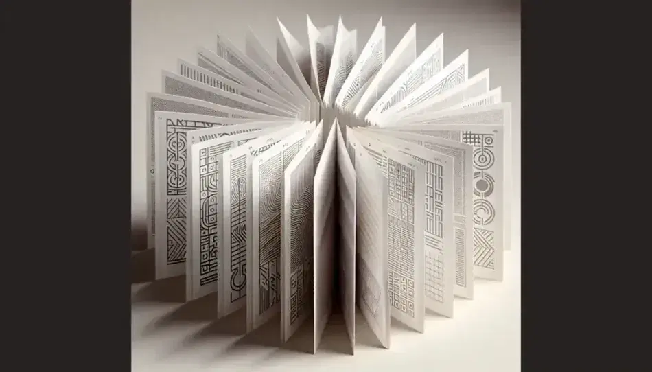 Hojas de papel blancas con patrones geométricos grises abstractos dispuestas en abanico sobre fondo neutro, destacando texturas y orden.