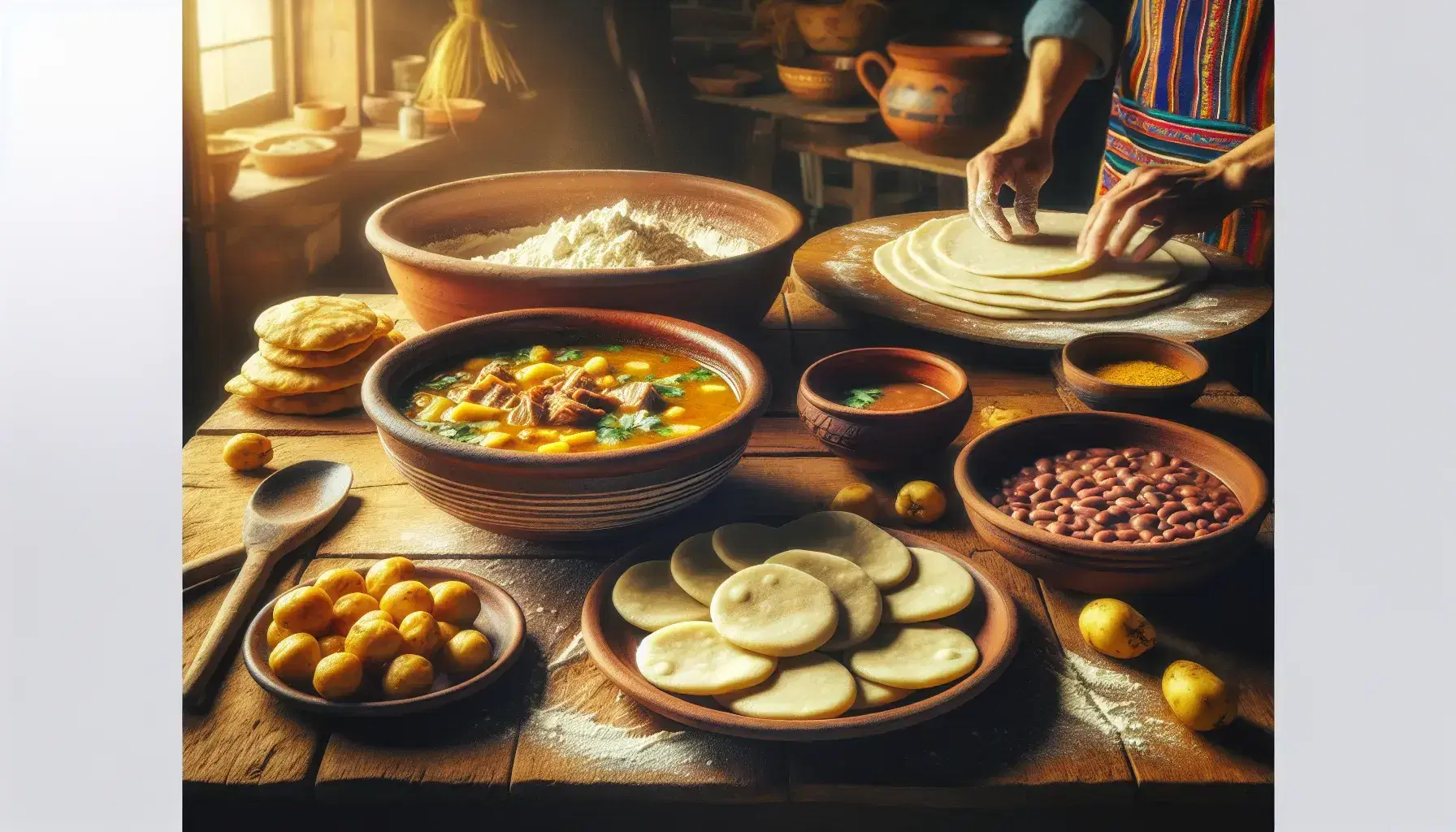 Mesa rústica con plato de sancocho colombiano, arepas doradas y cuenco de frijoles rojos, cocinero en fondo borroso.